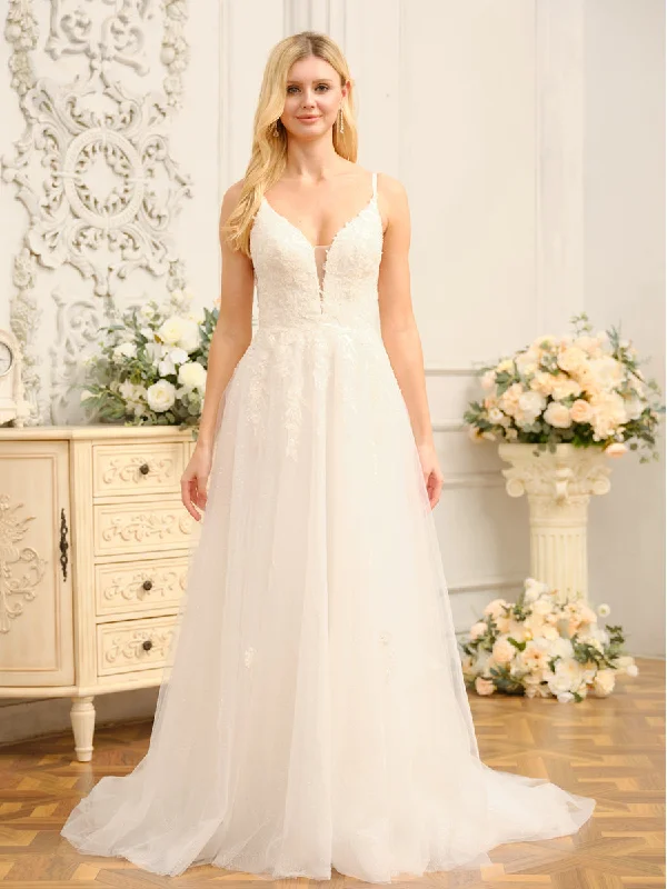 Price Slash A-Line/Princess Spaghetti Straps Sleeveless Long Wedding Dresses with Appliques & Seuiqns