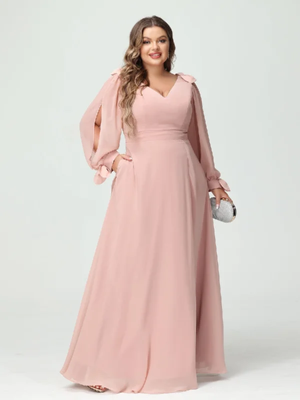 Exclusive Access A-Line/Princess V-Neck Long Sleeves Chiffon Split Side Plus Size Bridesmaid Dresses with Pockets