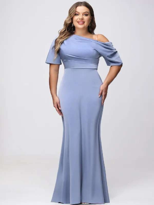 Early Access Sheath/Column One-Shoulder Short Sleeves Satin Ruched Long Plus Size Bridesmaid Dresses