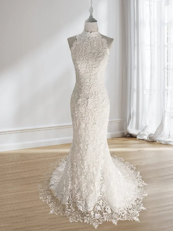 One-DAY Sale Trumpet/Mermaid High Neck Sleeveless Ruched Wedding Dresses