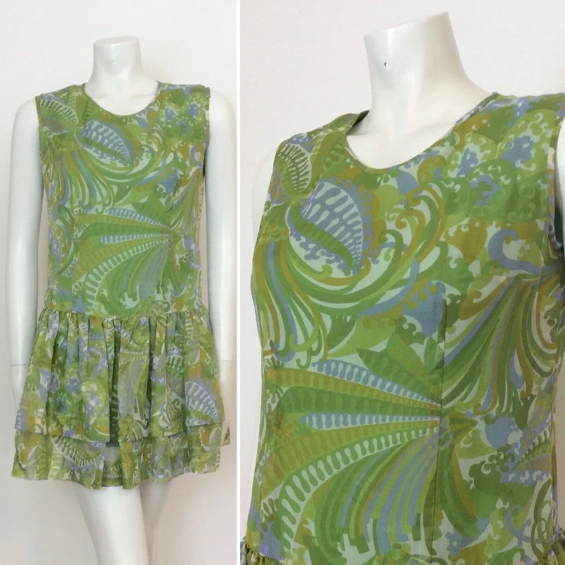 Clearance Event VINTAGE 60S GREEN BLUE PAISLEY DROP WAIST DRESS 12