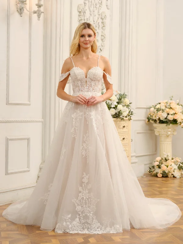Exclusive Preview Off-the-Shoulder Sleeveless Long Tulle Wedding Dresses with Appliques