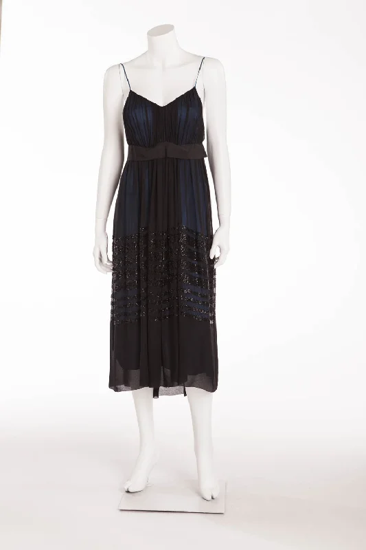 Unmissable Offer Chloe - Black Chiffon Spaghetti Dress Navy Blue Lining with Bead Trim - FR 38