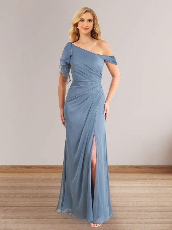 Don’t Miss Out Sheath/Column One-Shoulder Sleeveless Long Bridesmaid Dresses with Split Side