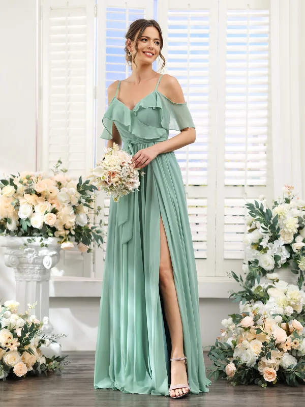 Clearance Event A-Line V-Neck Spaghetti Straps Chiffon Bridesmaid Dresses with Pockets