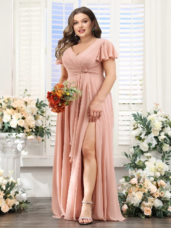 Great Deals A-Line V-Neck Short Sleeves Split Side Chiffon Plus Size Bridesmaid Dresses