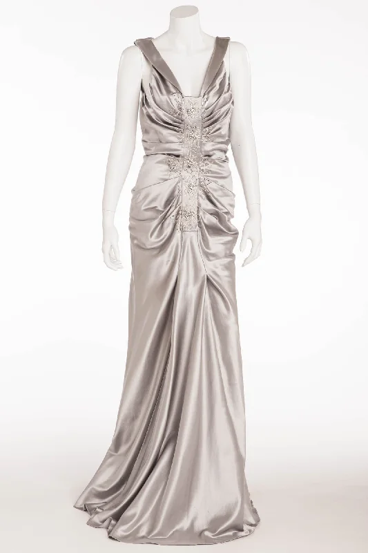 Deal Dash Christian Dior - Elegant Silver Satin Gown with Embellishments and Ruching  - FR 40