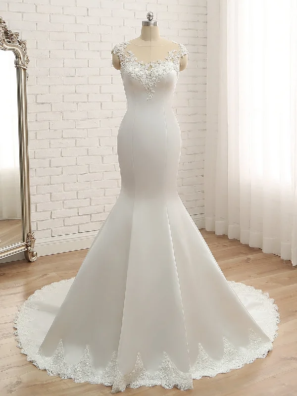 Crazy Deals Trumpet/Mermaid Scoop Sleeveless Applique With Beading Lace Satin Court Train Wedding Dresses