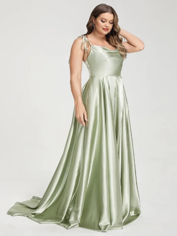 Deal Dash A-Line Spaghetti Straps Sleeveless Long Silk Like Satin Plus Size Bridesmaid Dresses