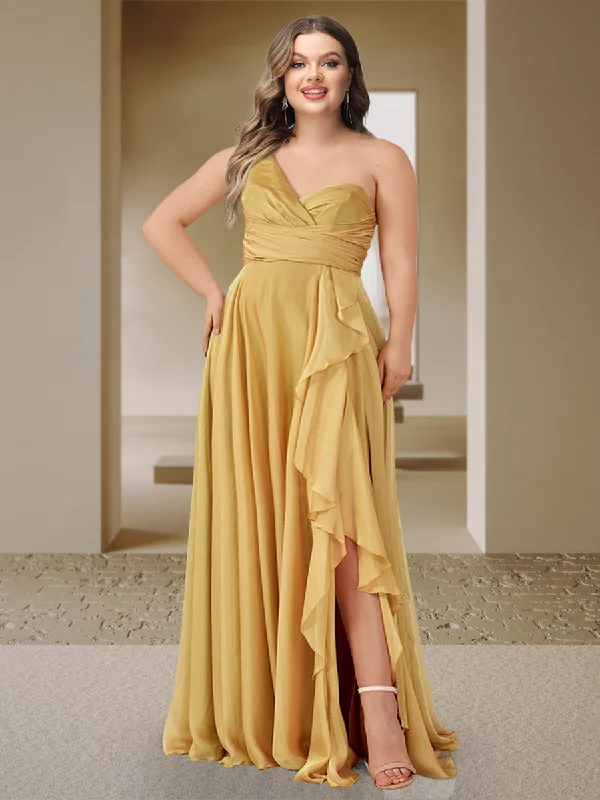 Weekend Deal A-Line/Princess One-Shoulder Sleeveless Ruched Plus Size Bridesmaid Dresses with Side Slit & Ruffles