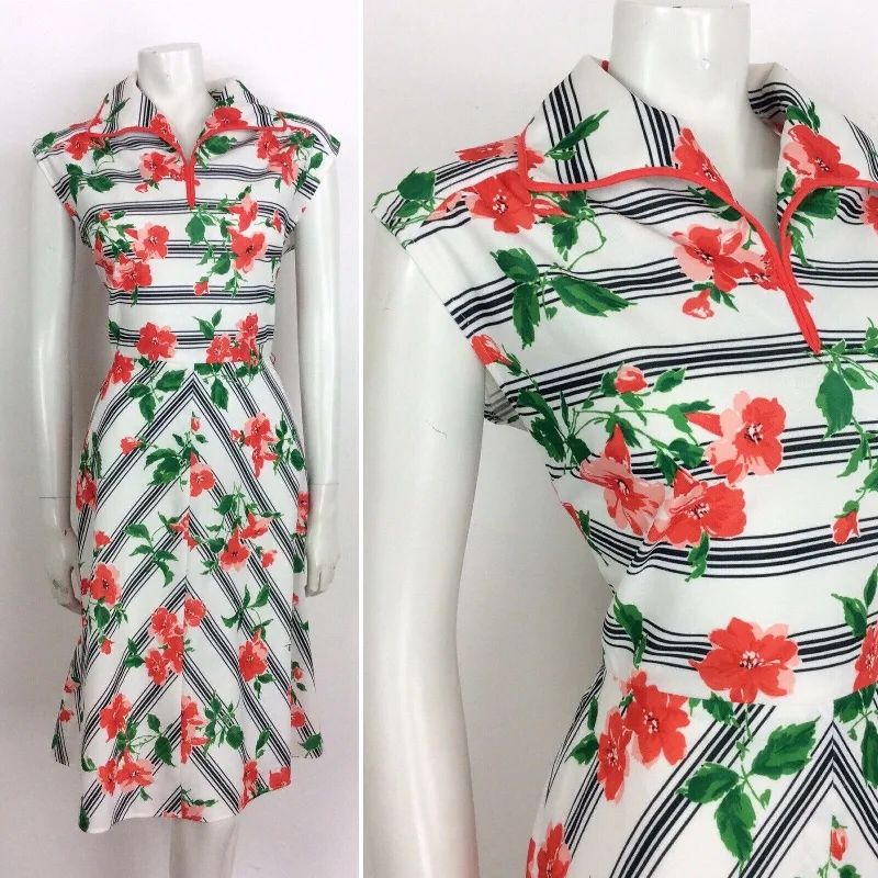 Price Smash VINTAGE 70s FLORAL STRIPED SUMMER DRESS WHITE RED GREEN 12 14