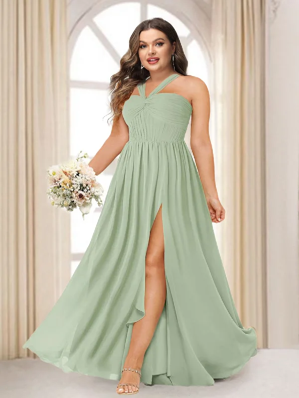 Deal Explosion A-Line/Princess Halter Long Plus Size Bridesmaid Dresses with Split Side