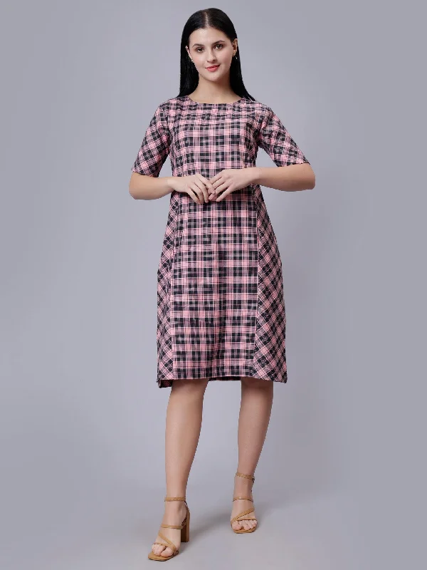 Major Savings Women's Pink Checked Cotton A-Line Midi Dress - Casual Short Sleeves Round Neck