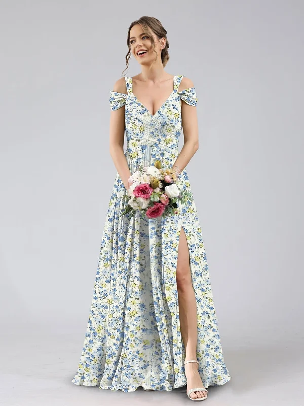 Lowest Prices A-Line/Princess Cold Shoulder Short Sleeves Split Side Floral Bridesmaid Dresses Lowest Prices A-Line/Princess Cold Shoulder Short Sleeves Split Side Floral Bridesmaid Dresses