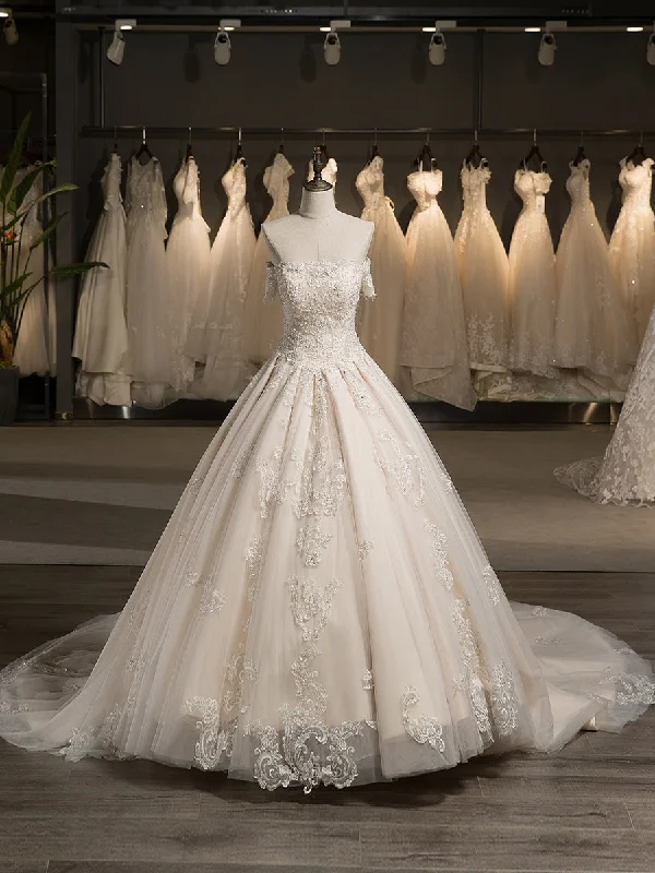 Overstock Off-the-Shoulder Short Sleeves Tulle Applique With Beading Court Train Ball Gown Wedding Dresses