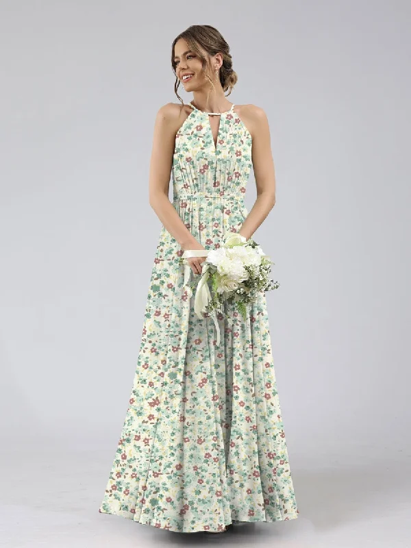 Value Deals A-Line/Princess Halter Sleeveless Ruched Floral Bridesmaid Dresses