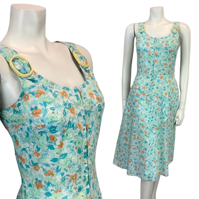 Last Chance VINTAGE 60s 70s BLUE ORANGE FLORAL PRINT COTTON MIDI SUMMER MOD DRESS 8