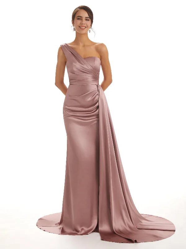 Can't Miss Elegant One Shoulder Soft Satin Unique Mermaid Long Bridesmaid Dresses For Wedding