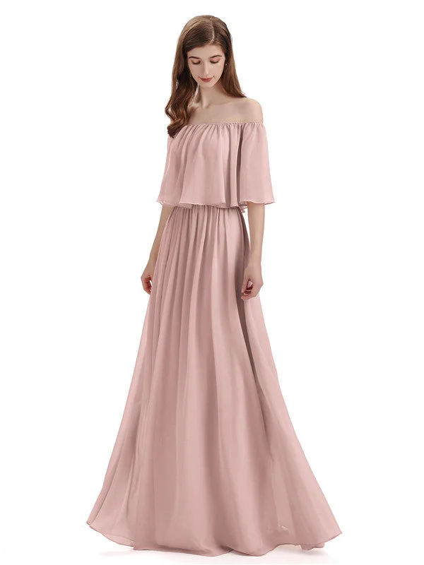 Don't Wait Simple A-Line Off The Shoulder Chiffon Long Bridesmaid Dresses