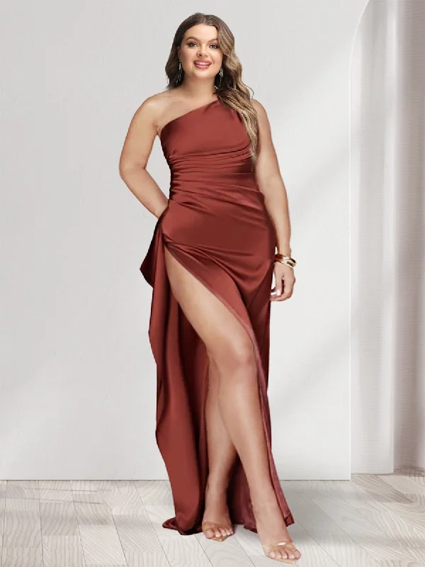 Big Savings Sheath/Column One-Shoulder Sleeveless Floor-Length  Plus Size Bridesmaid Dresses with Split Side