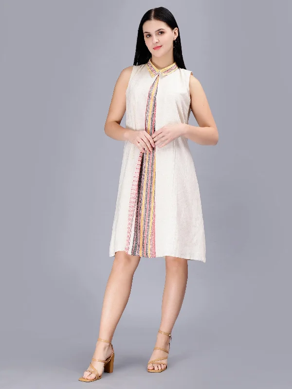 Anniversary Sale Women's Off White Printed Cotton A-Line Midi Dress - Casual Sleeveless Hook and Eye Closure
