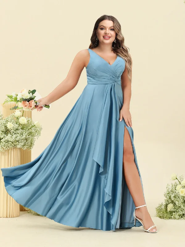 Markdowns A-Line/Princess Floor-Length Sleeveless Ruffles Plus Size Bridesmaid Dresses With Split Side