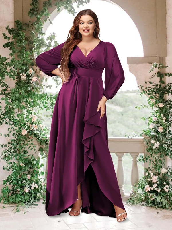 Buy Now A-Line/Princess V-Neck Long Sleeves Chiffon Ruched Asymmetrical Plus Size Bridesmaid Dresses with Pockets
