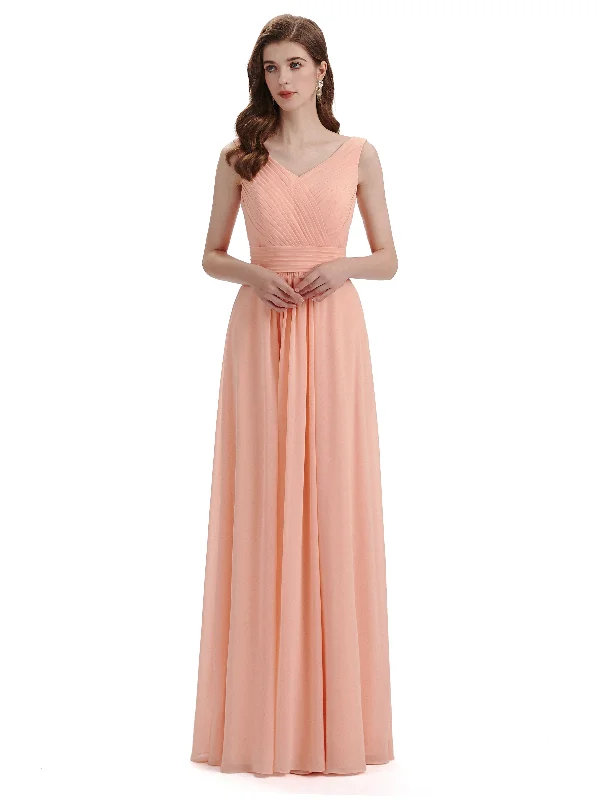 Huge Discounts A-Line V-Neck Pleats Chiffon Long Bridesmaid Dresses