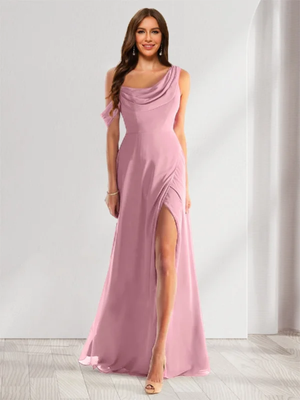 New Arrival Sheath/Column Cowl Neck Sleeveless Floor-Length Chiffon Bridesmaid Dresses with Split Side New Arrival Sheath/Column Cowl Neck Sleeveless Floor-Length Chiffon Bridesmaid Dresses with Split Side
