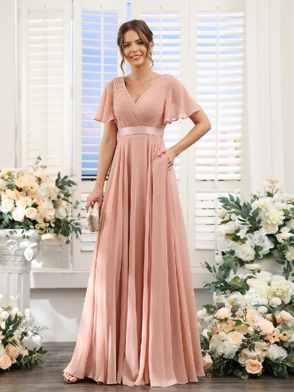 Low Prices A-Line V-Neck Short Sleeves Chiffon Bridesmaid Dresses with Pockets