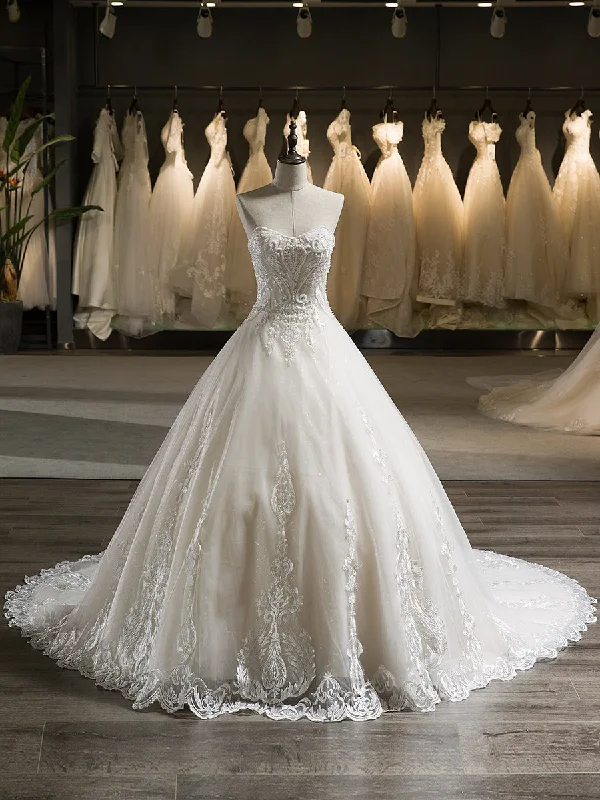 Take Advantage Strapless Sleeveless Tulle Applique With Beading Court Train Ball Gown Wedding Dresses