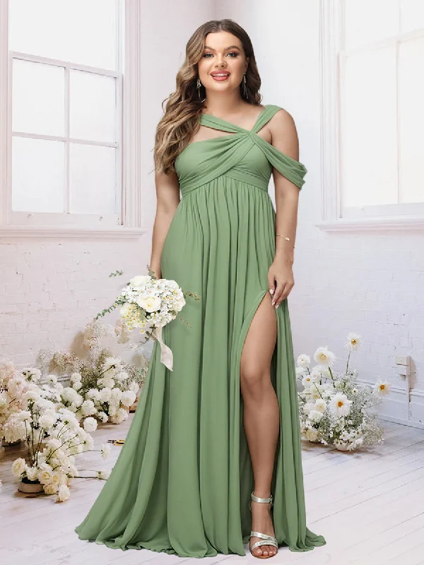 Clearance Items A-Line/Princess Criss Cross Floor-Length Chiffon Ruched Plus Size Bridesmaid Dresses with Split Side