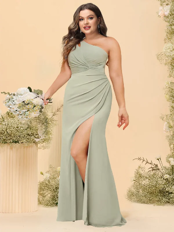 Discount Mania Sheath/Column One-Shoulder Long Plus Size Bridesmaid Dresses with Split Side