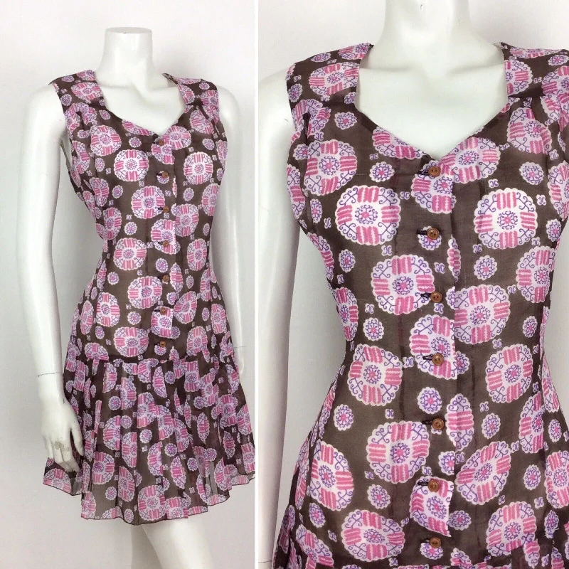 Mega Sale VINTAGE 60S 70S BROWN WHITE PINK PAISLEY SMOCK DRESS DROPPED PLEAT WAIST 14 16