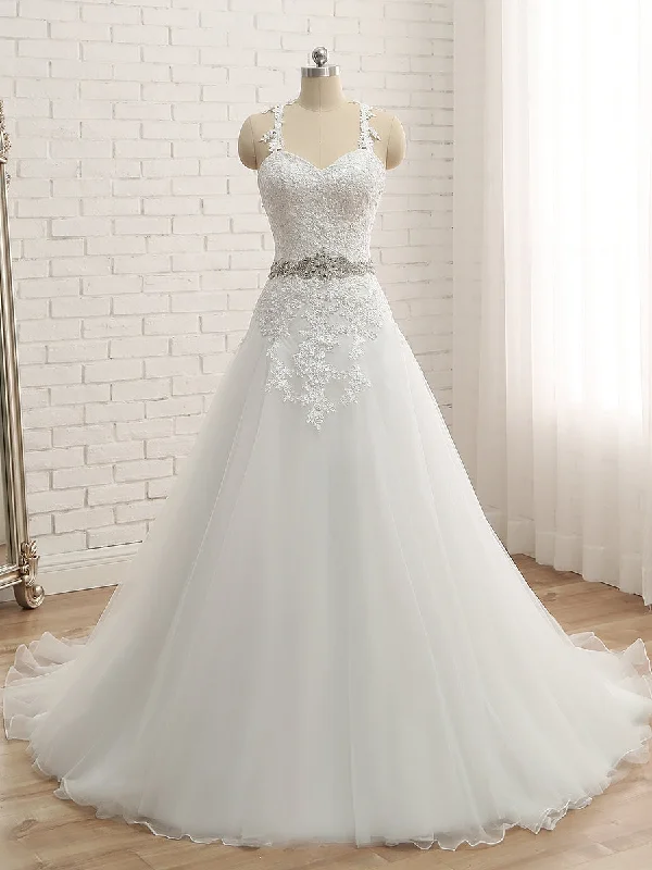 Discount Deals A-Line/Princess Spaghetti Straps Sleeveless Applique With Belt Tulle Floor-Length Wedding Dresses
