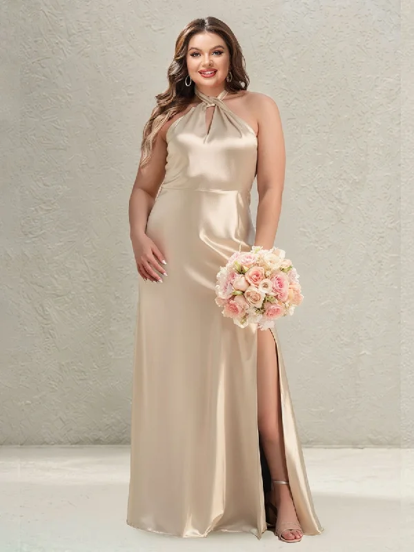 Flash Sale Sheath/Column Halter Keyhole Plus Size Bridesmaid Dresses with Split Side