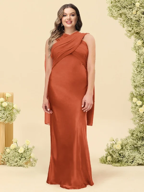 Massive Deals Sheath/Column Halter Sleeveless Floor-Length Lace-Up Plus Size Bridesmaid Dresses