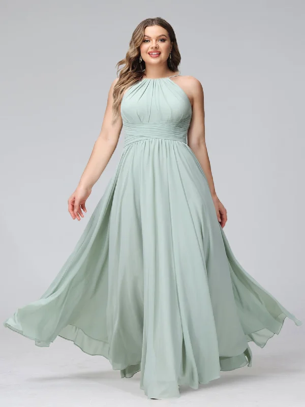 Extra Savings A-Line Halter Sleeveless Ruched Floor-Length Chiffon Plus Size Bridesmaid Dresses