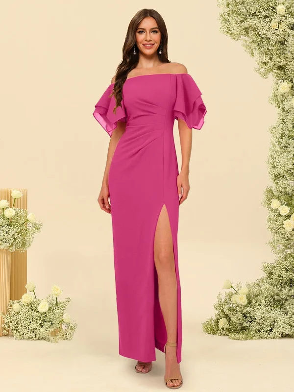 Unmissable Offer Sheath/Column Off-the-Shoulder Short Sleeves Bridesmaid Dresses with Split Side Unmissable Offer Sheath/Column Off-the-Shoulder Short Sleeves Bridesmaid Dresses with Split Side