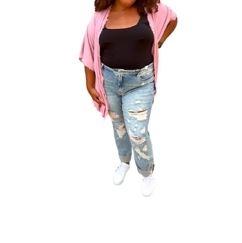 Special Buy Eslen High Waisted Fray Hem With Double Cuff Extra Long Boyfriend Jeans In Light Blue