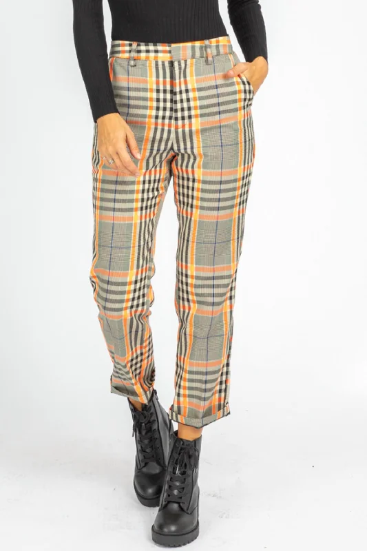 Stock Clearance High Rise Checker Pants In Neon Yellow