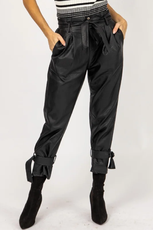 Deal Frenzy Leather Pleated Ankle Tie Pants In Black
