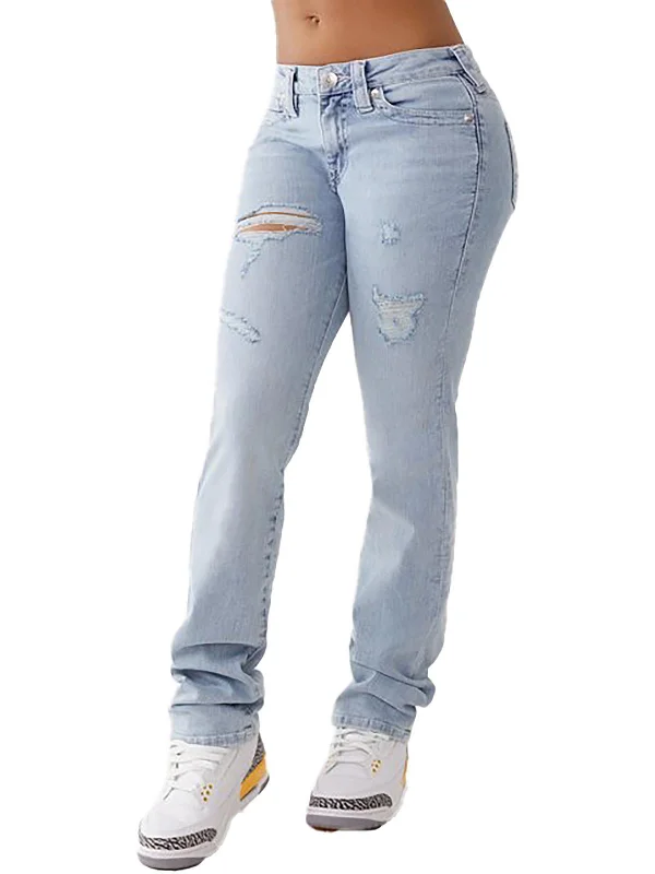 Seasonal Sale Womens Mid-Rise Destroyed Straight Leg Jeans