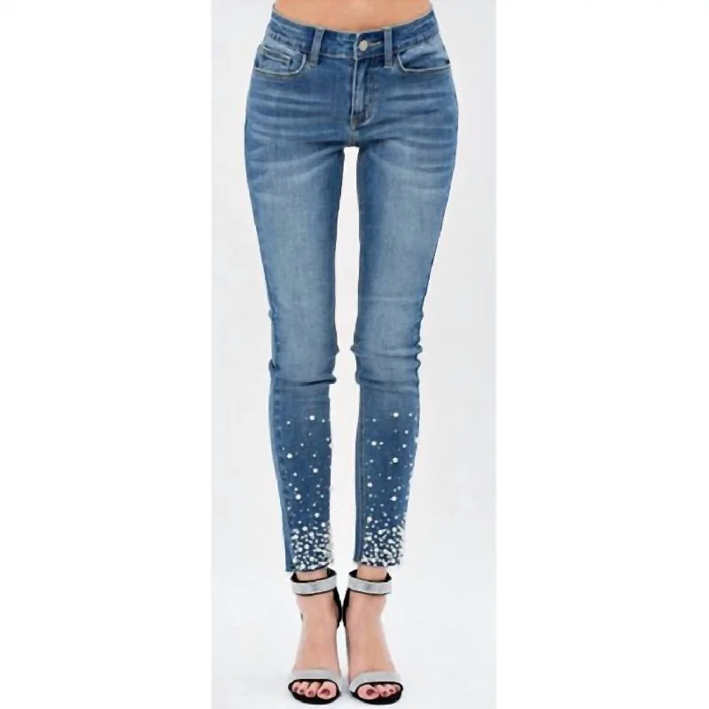 Exclusive Savings Women's Skinny Stretchy Jeans With Pearls In Medium Wash