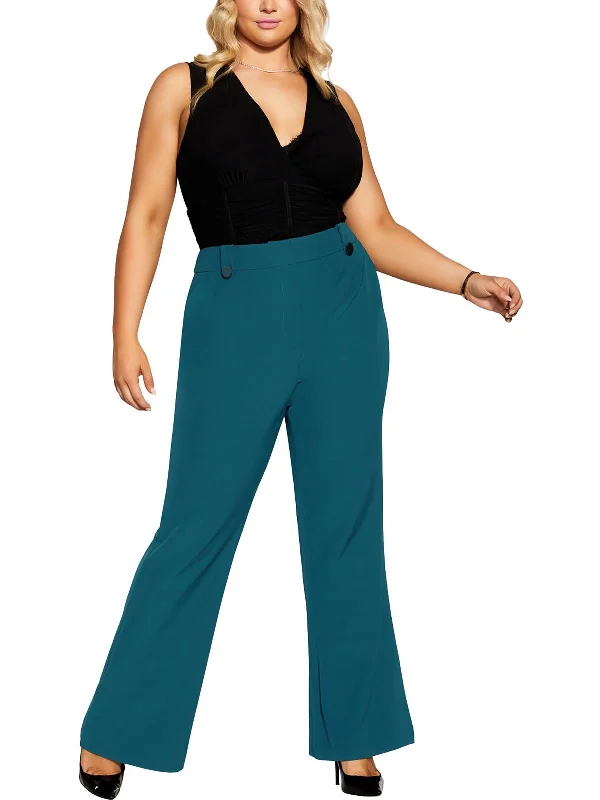 Womens Solid Polyester Wide Leg Pants