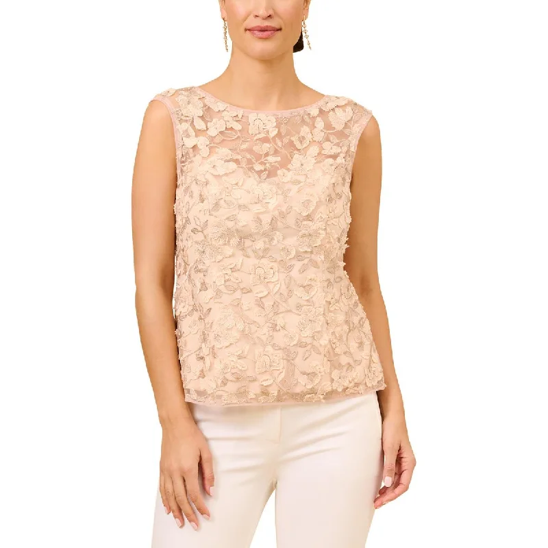 Online Exclusive Adrianna Papell Womens Embroidered Mesh Blouse