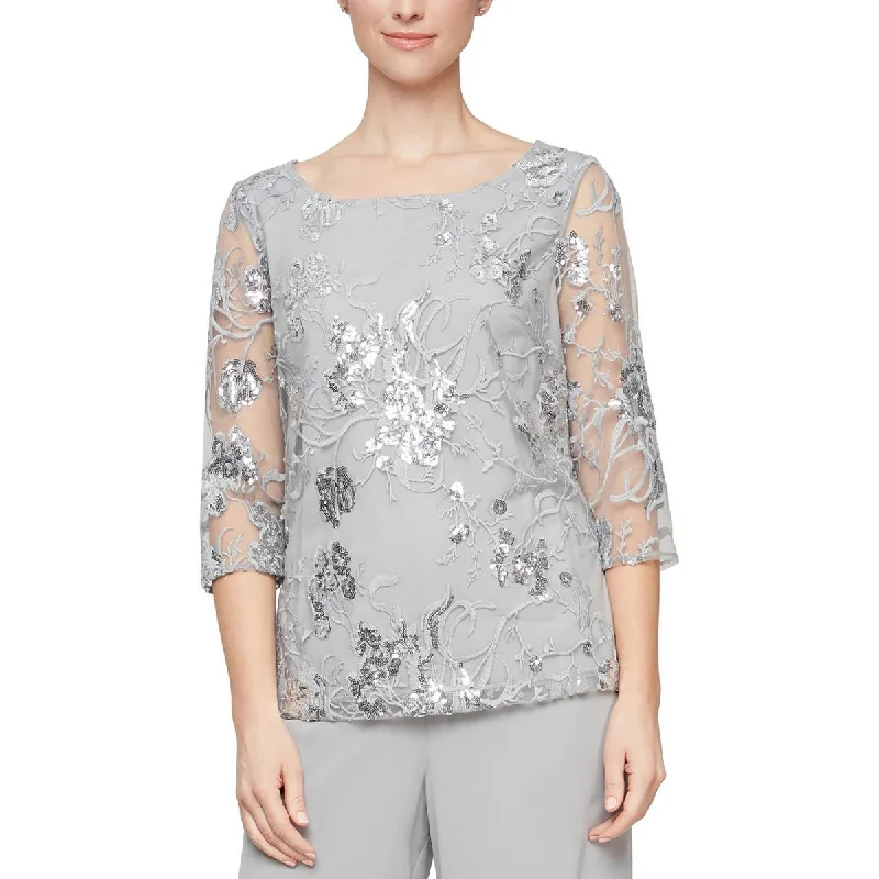 Hurry In Alex Evenings Womens Petites Sequins Mesh Overlay Pullover Top