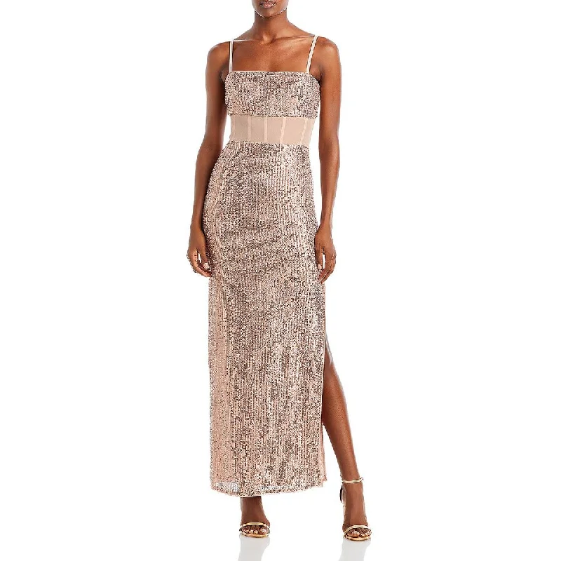 BCBGMAXAZRIA Womens Sequined Illusion Evening Dress