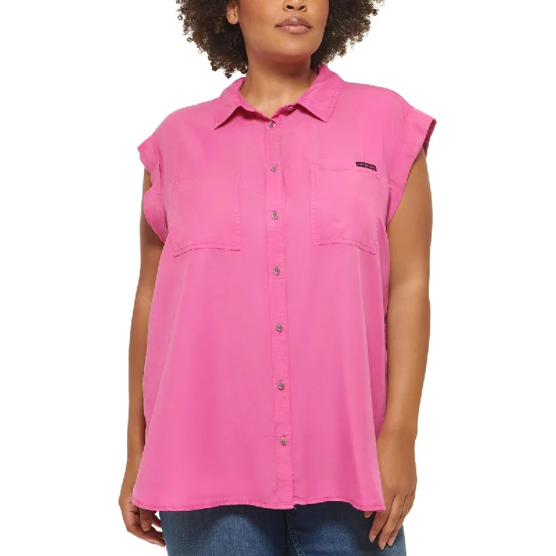 Fantastic Offers Calvin Klein Jeans Womens Plus Tencel Collared Button-Down Top