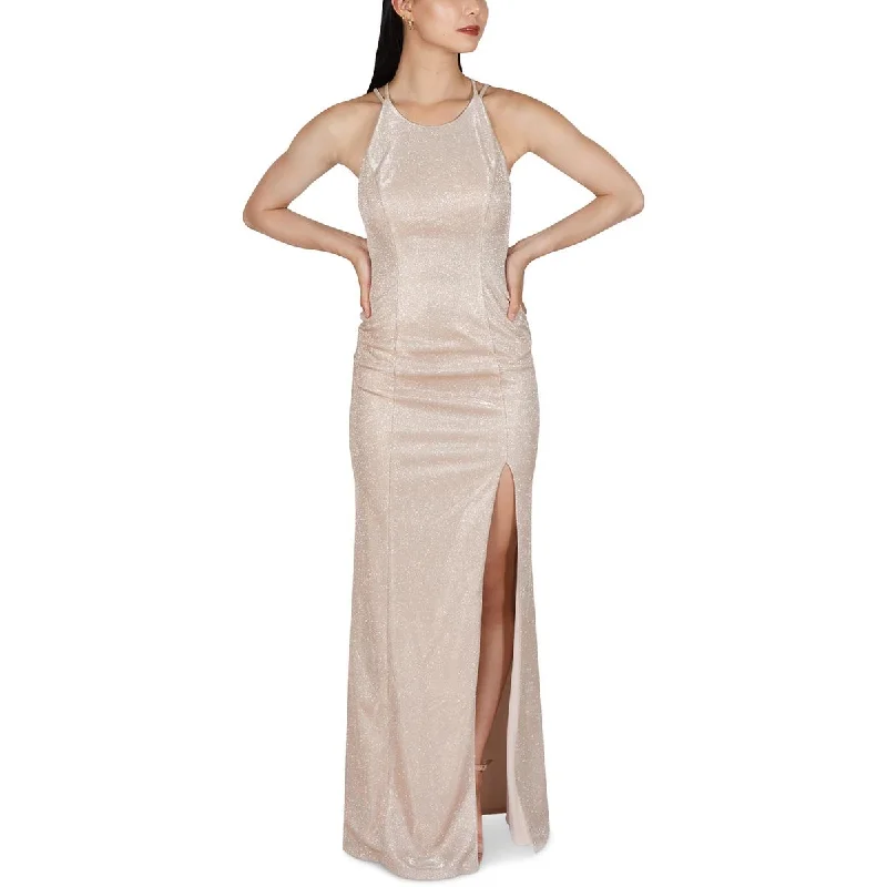 Can't Miss Dear Moon Womens Juniors Metallic Strappy Back Evening Dress
